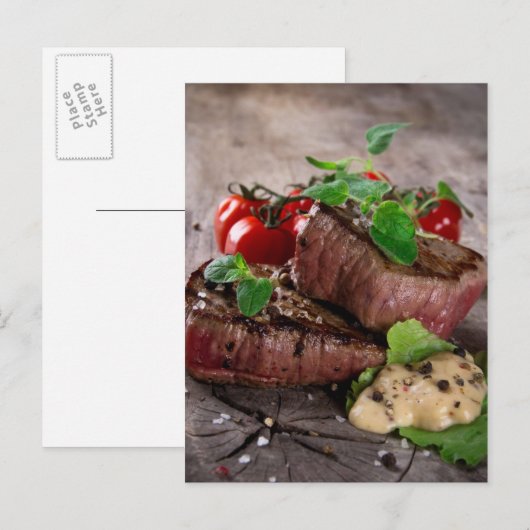 Gegrilde biefsteaks met verse kruiden en tomaten briefkaart (Voorkant / Achterkant)