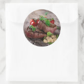 Gegrilde biefsteaks met verse kruiden en tomaten ronde sticker (Tas)