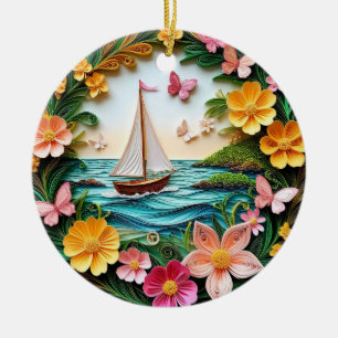 Gegrilde natuur scene met zeilboot keramisch ornament