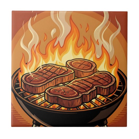 Gegrilde Steaks BBQ Vlammen Tegeltje (Voorkant)