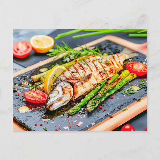 Gegrilde vis met asperges en tomaten feestdagenkaart (Voorkant)