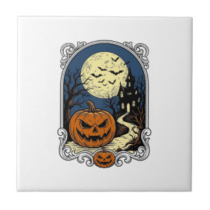 Gegrildte pompoenscène Vintage Halloween Vector Ku Tegeltje