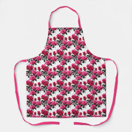 Gegroepeerde rode en roze rozen op een scherp wit schort