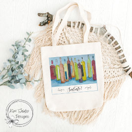 "Gegroet!" Met Waterverf wijnflessen op blauw Tote Bag