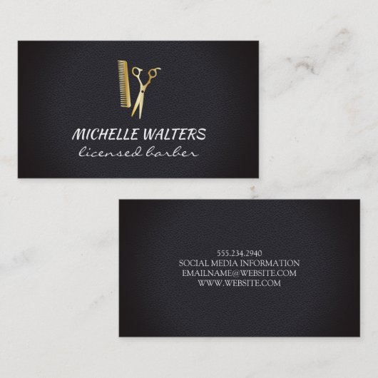 Gegunde Leer Gouden Kam en Schaar voor Kappers Visitekaartje (Voorkant / Achterkant)