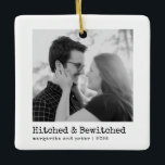 Gehaakt & Bewitched – trouwfoto minimaal Keramisch Ornament<br><div class="desc">Een chique vierkant keramisch ornament met een moderne instant-film look: uw paar foto zit boven een schone bijschrift bar lezen "Hitched & Bewitched, " met ruimte voor namen en het jaar eronder. Het zwart-witpalet en de tekst in typemachinestijl creëer hebben een tijdloze sfeer die verloving- of huwelijksportretten flatteert. Update de...</div>