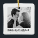 Gehaakt & Bewitched – trouwfoto minimaal Keramisch Ornament<br><div class="desc">Een chique vierkant keramisch ornament met een moderne instant-film look: uw paar foto zit boven een schone bijschrift bar lezen "Hitched & Bewitched, " met ruimte voor namen en het jaar eronder. Het zwart-witpalet en de tekst in typemachinestijl creëer hebben een tijdloze sfeer die verloving- of huwelijksportretten flatteert. Update de...</div>