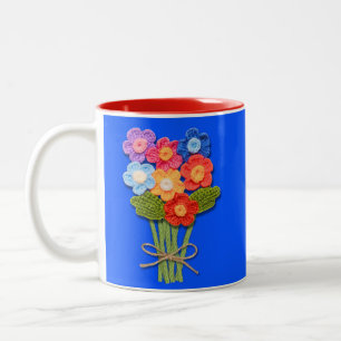 Gehaakte bloem boeket, haak liefhebber, tweekleurige koffiemok