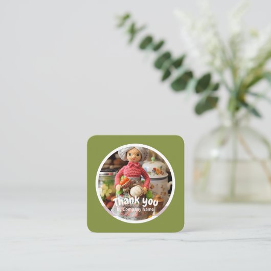 Gehaakte dame keuken groen Dank u Vierkante Visitekaartje (Staand voorkant)