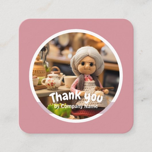 Gehaakte dame keuken roze Dank u Vierkante Visitekaartje (Voorkant)