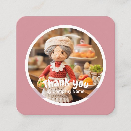 Gehaakte dame keuken roze Dank u Vierkante Visitekaartje (Voorkant)