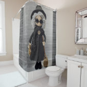 Gehaakte dame zwart jurkje en pet bruine tas douchegordijn (In situ)