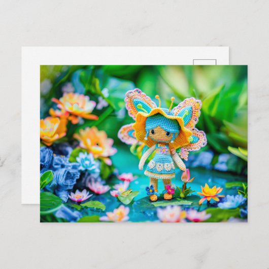 Gehaakte fee met blauwe bloemen feestdagenkaart (Voorkant / Achterkant)