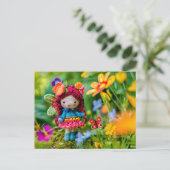 Gehaakte fee met gele bloemen feestdagenkaart (Staand voorkant)