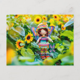 Gehaakte fee met gele zonnebloemen feestdagenkaart