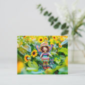 Gehaakte fee met gele zonnebloemen feestdagenkaart (Staand voorkant)