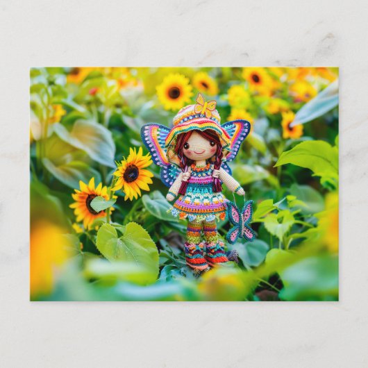 Gehaakte fee met gele zonnebloemen feestdagenkaart (Voorkant)