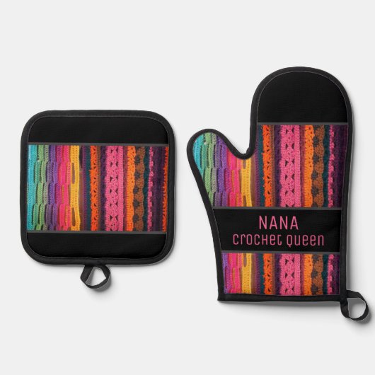 Gehaakte look! Voor de keukenkoningin! ovenhandsch Ovenwant & Pannenlap Set (Voorkant)