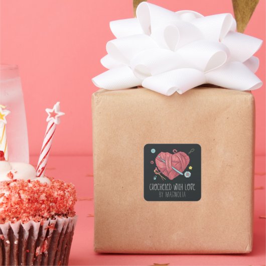 Gehaakte met Love Handmade Yarn Heart Vierkante Sticker (Feest)