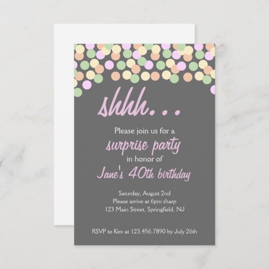 Gehakt Confetti Shhh... Verrassingsfeest! Kaart (Voorkant / Achterkant)