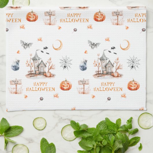 Gehakt huis Happy Halloween Theedoek (Gevouwen)