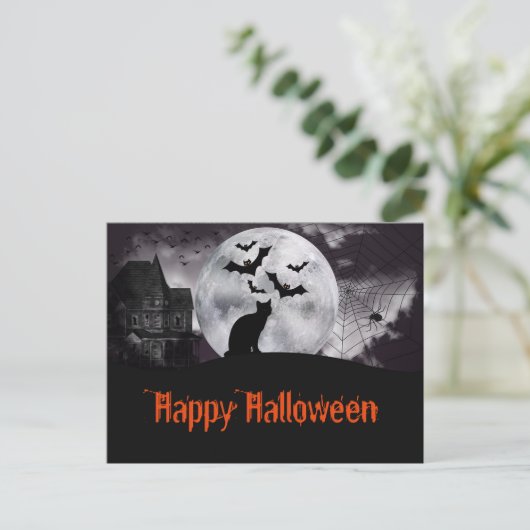 Gehakt huis met zwarte kat en vleermuizen briefkaart (Staand voorkant)
