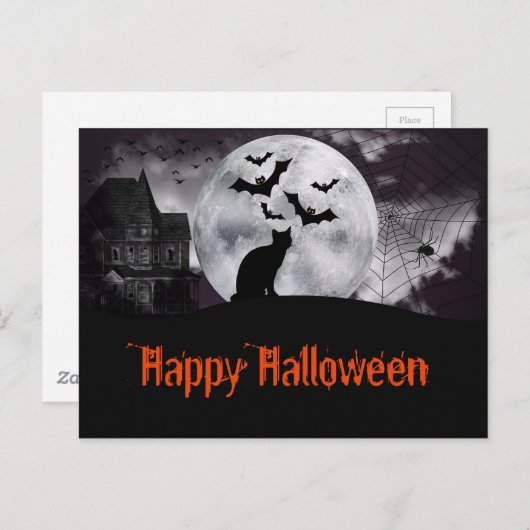 Gehakt huis met zwarte kat en vleermuizen briefkaart (Voorkant / Achterkant)