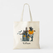 Gehakt huis, spookachtige bomen en heks Halloween Tote Bag (Achterkant)