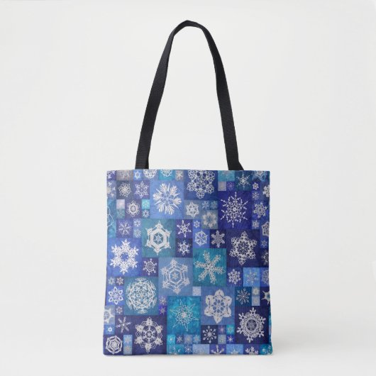 Gehakte Sneeuwvlokken Blauwe Digitale Patchwork Tote Bag (Voorkant)
