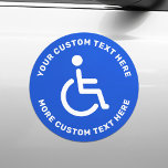 Gehandicapte gehandicapte symbooltekst blauw wit r automagneet<br><div class="desc">Rond handgemaakt magneetbord met wit gehandicapt symbool op een blauwe achtergrond en witte,  cirkelvormige tekst.</div>