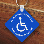 Gehandicapte gehandicapte symbooltekst blauw wit sleutelhanger<br><div class="desc">Vierkante gehandicapte sleutelhanger met wit gehandicapt symbool op een blauwe achtergrond en witte,  cirkelvormige tekst.</div>