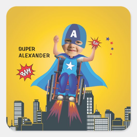 Gehandicapte vliegsuperheld rolstoel Fun Birthday Vierkante Sticker (Voorkant)