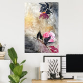 Geharmoniseerde roze bloemen zwarte bladeren Abstr Poster (Thuiskantoor)