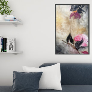 Geharmoniseerde roze bloemen zwarte bladeren Abstr Poster