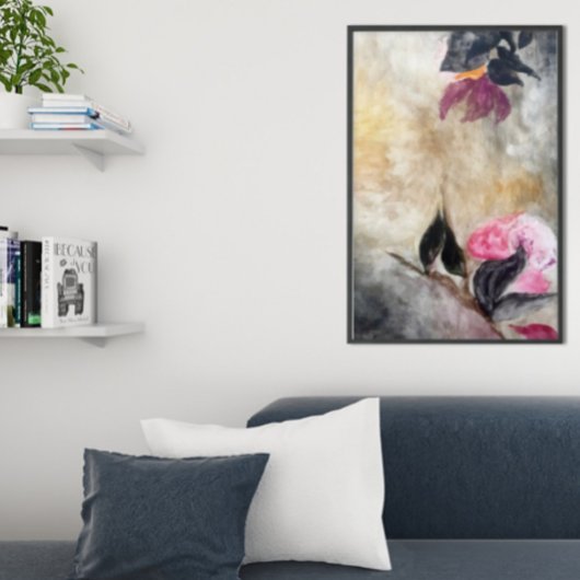 Geharmoniseerde roze bloemen zwarte bladeren Abstr Poster