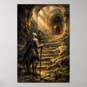 Geharnaste ridder die geklede figuur in tempel aan poster