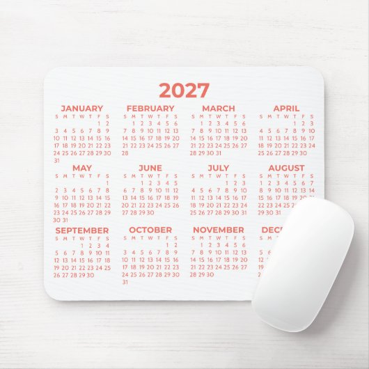 Geheel Jaar 2027 Basis Kalender Koraal Wit Muismat (Met muis)