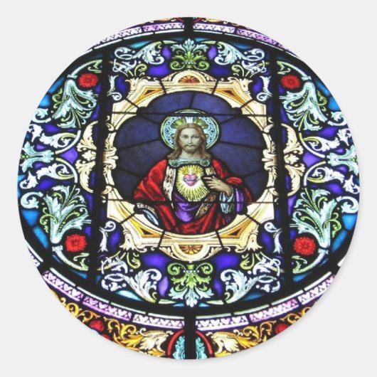Geheilig hart van Jezus Glas in lood raam Ronde Sticker (Voorkant)