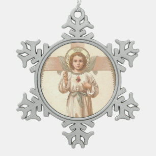 Geheilig hart van kindje Jezus met kruis Tin Sneeuwvlok Ornament