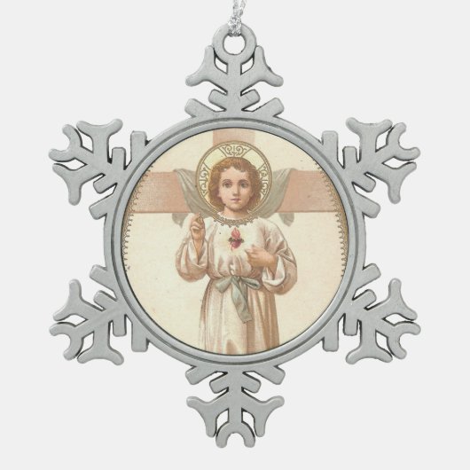 Geheilig hart van kindje Jezus met kruis Tin Sneeuwvlok Ornament (Voorkant)