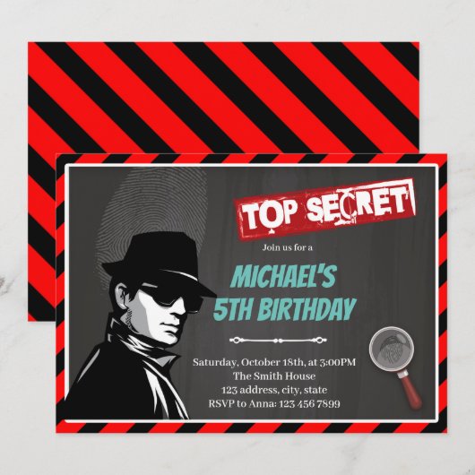 Geheim agentenverjaardagsthema Uitnodiging (Voorkant / Achterkant)