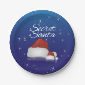 Geheim Kerstman Hoed Blauwe Achtergrond Kerstfeest Papieren Bordje (Voorkant)