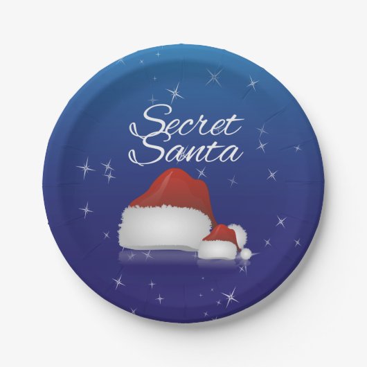 Geheim Kerstman Hoed Blauwe Achtergrond Kerstfeest Papieren Bordje (Voorkant)
