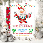 Geheim Santa Sock Swap Party Kaart<br><div class="desc">Kom kerst vieren met deze grappige kerstman met een waslijn van kerstvakantie sokken. Beschikt over een schattige kerstman gewikkeld in kerstverlichting en veel sokken! Perfect voor uw geheime santa sok uitwisseling partij. Alle formuleringen kunnen worden gewijzigd. Ga naar Deze sjabloon personaliseren om meer wijzigingen aan te brengen. Onderaan zie je...</div>