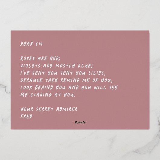 GEHEIME ADMIREER MODERNE VALENTIJNSDAG ROZE ROOD FOLIE FEESTDAGENKAART (Achterkant)