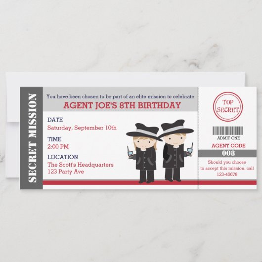 Geheime agent/spionage Ticket Birthday-uitnodiging Kaart (Voorkant)