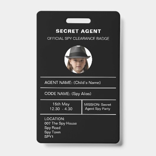 Geheime agent spionnenfeest identiteitsbadge badge (Voorzijde)
