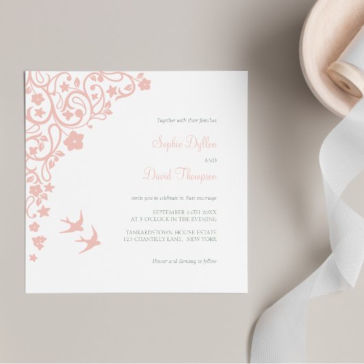 Geheime Garden Blush Pink Floral Lovebird Wedding Kaart