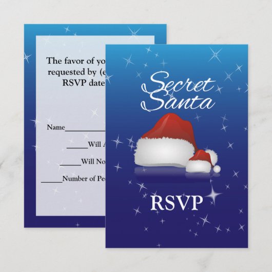 Geheime kerstman, blauw/Pet RSVP Kaartje (Voorkant / Achterkant)