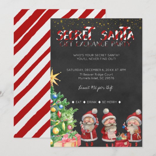 Geheime Kerstman Cadeau Uitwisseling Feest Uitnodi Kaart (Voorkant / Achterkant)